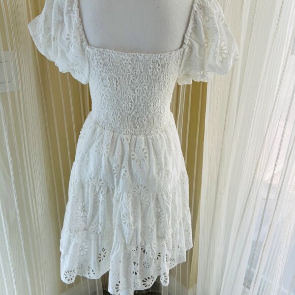 Women White Embroidery Hollow Out Hole Flower Short Puff Sleeve Mini Dress - Picture 13 of 16